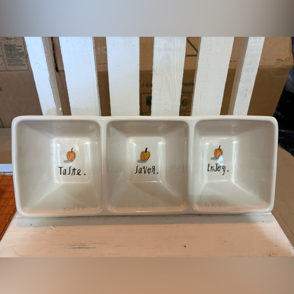 Rae Dunn White Triple Dish with Pumpkin Design